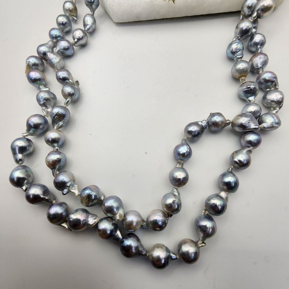 Tahitian South Seas Silver Blue Baroque Pearl Necklace 48" - Picture 2 of 6